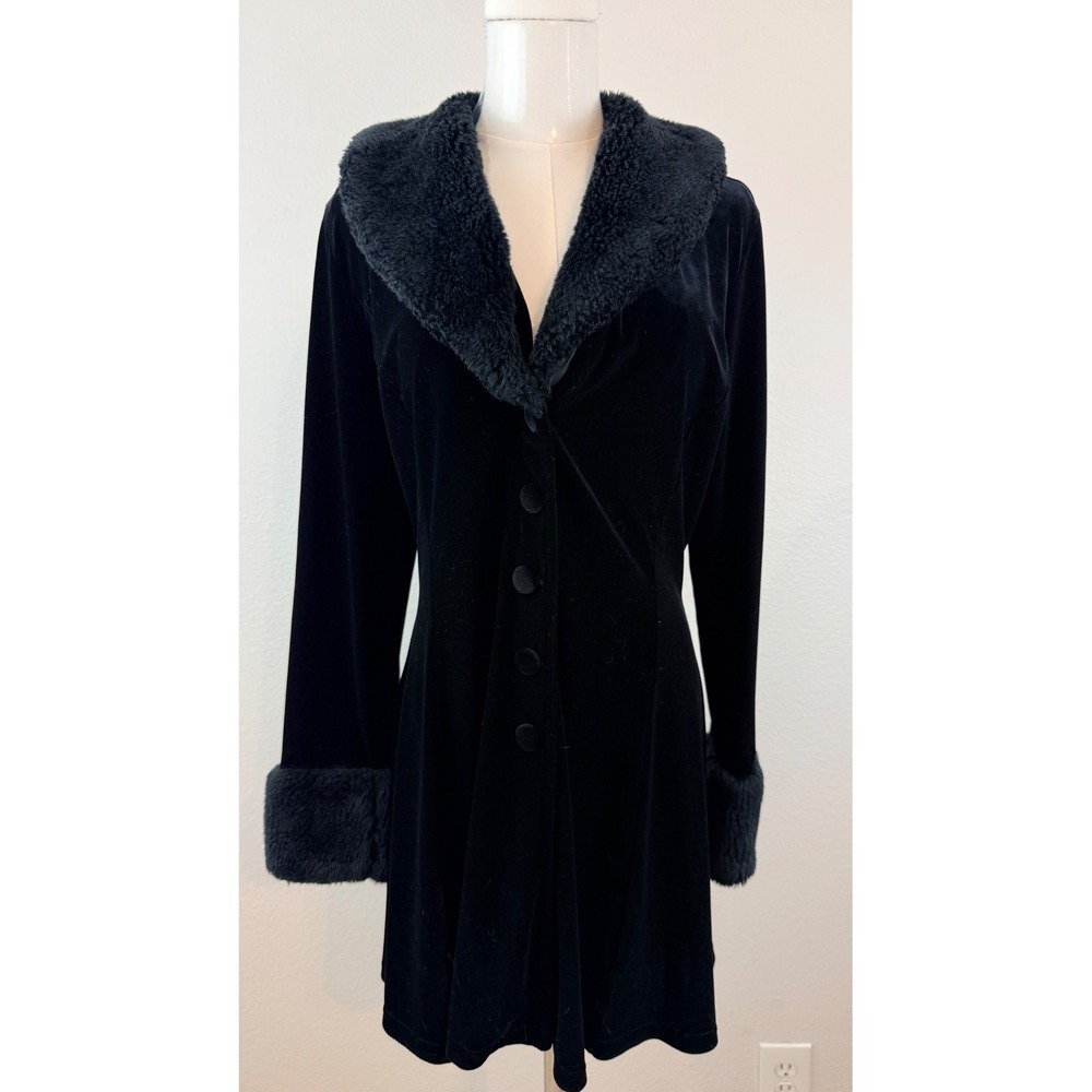 BASIC USA Whimsigoth Goth Black Velvet Faux Fur Trim Button Front Coat Large